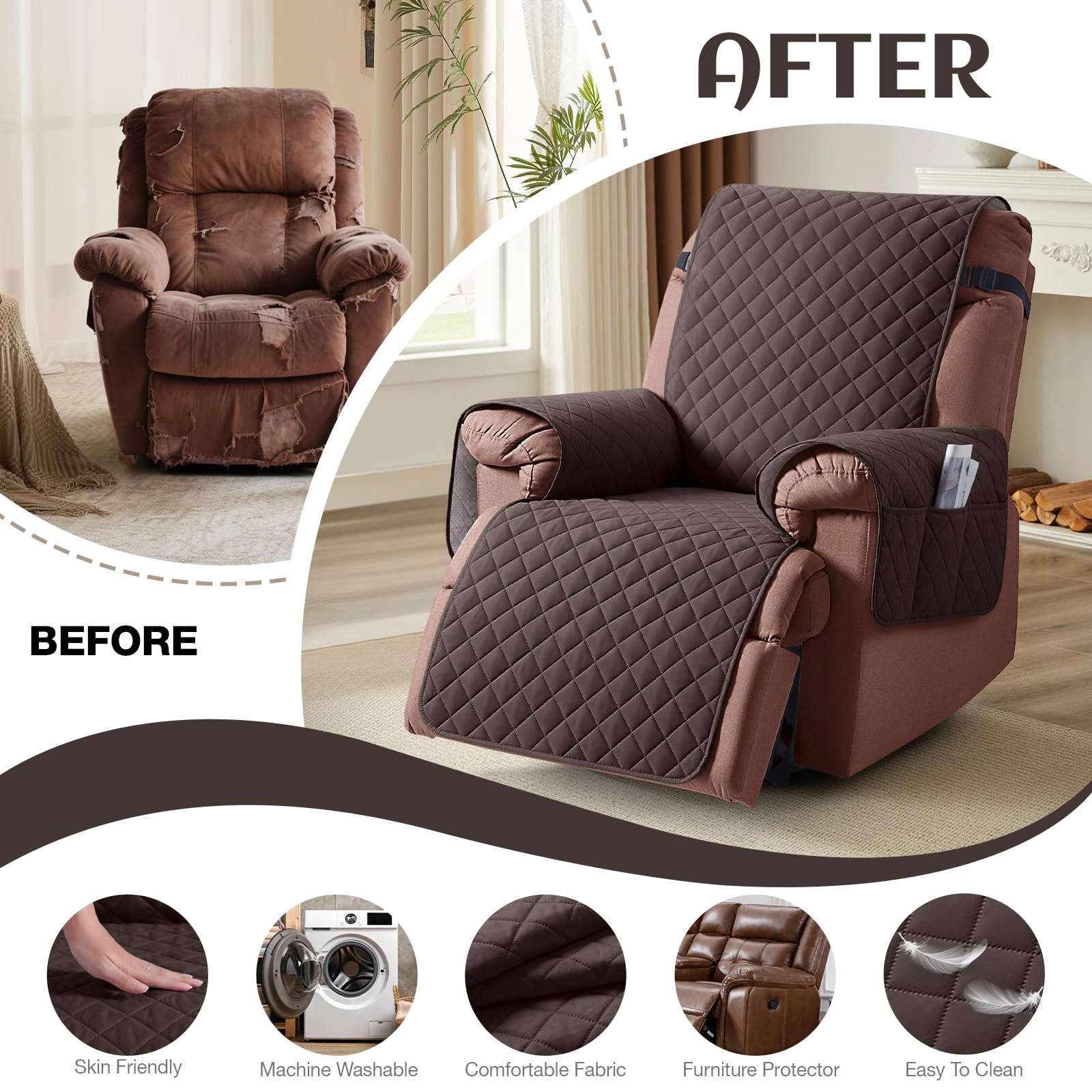 KinCam recliner cover chocolate color complements home decor.