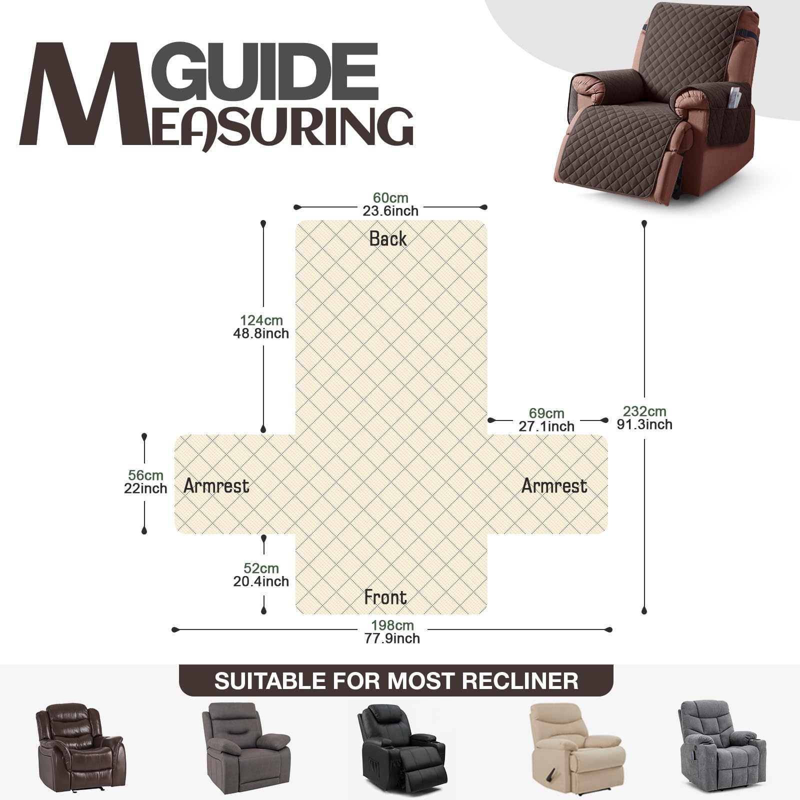 KinCam recliner cover is machine washable for easy cleanup.