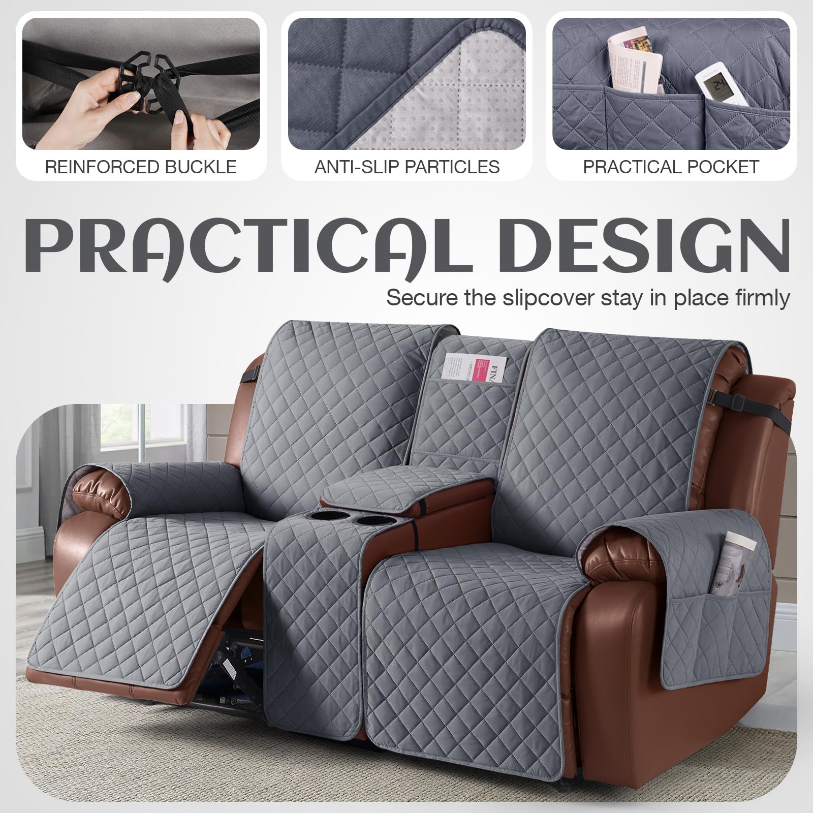 KinCam recliner cover on sofa in living room demonstrating full coverage.