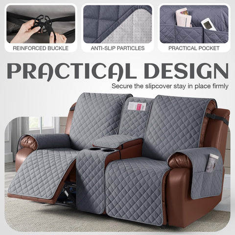 KinCam recliner cover on sofa in living room demonstrating full coverage.