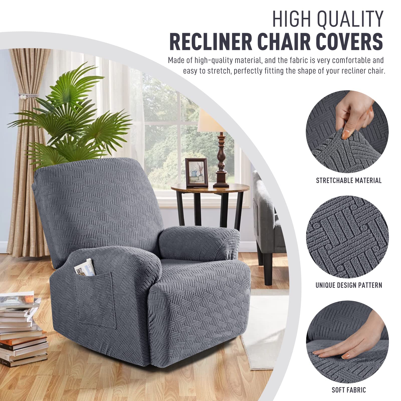 KinCam recliner cover with side pockets, stripe jacquard, keeps remotes organized
