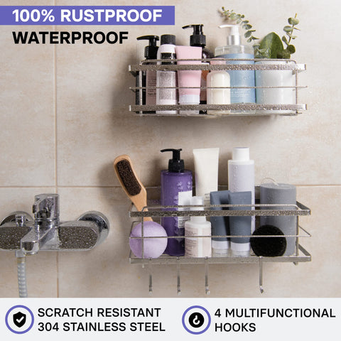 KINCMAX self-adhesive shower shelf mounted on wall without drilling.