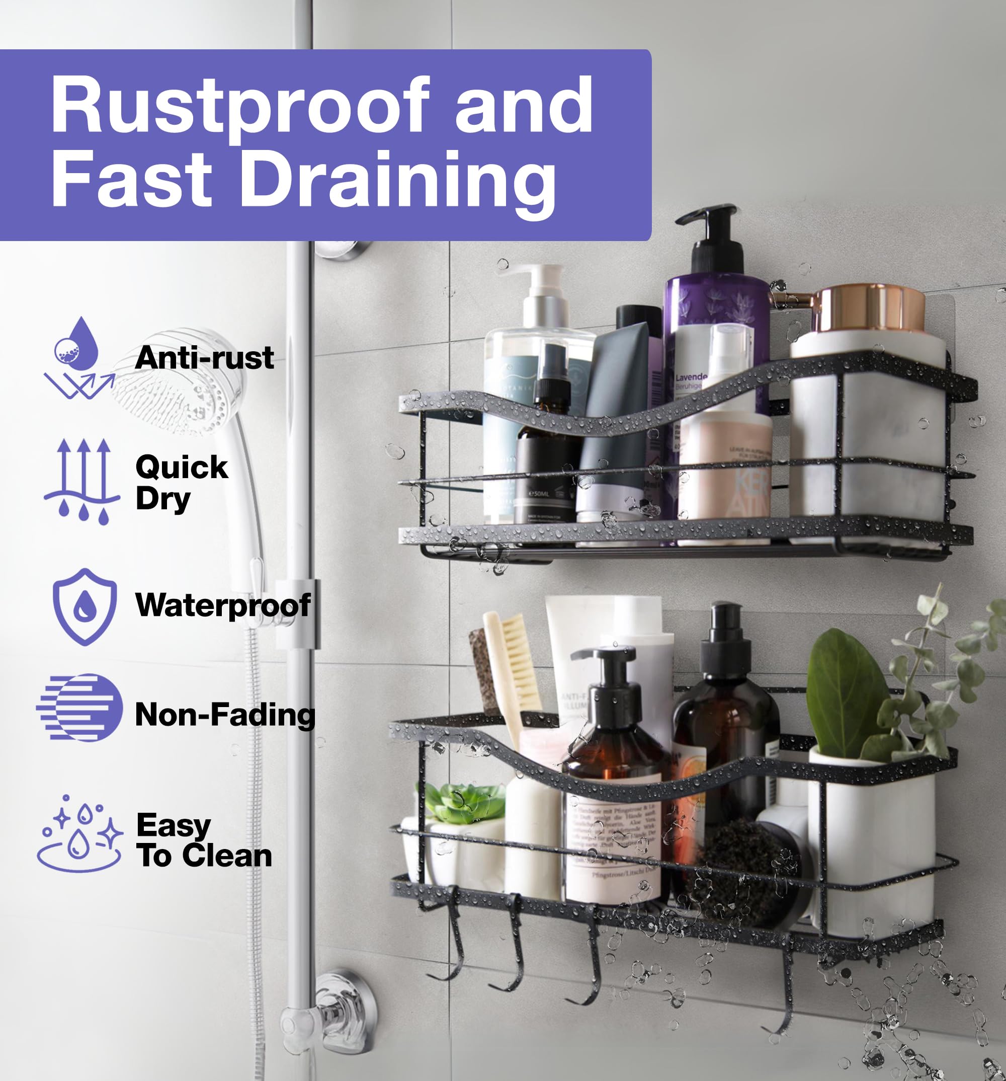 Drain design promotes quick water runoff from shelves.