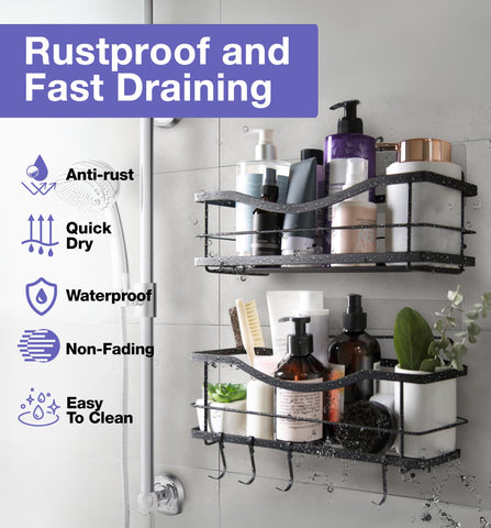 Drain design promotes quick water runoff from shelves.