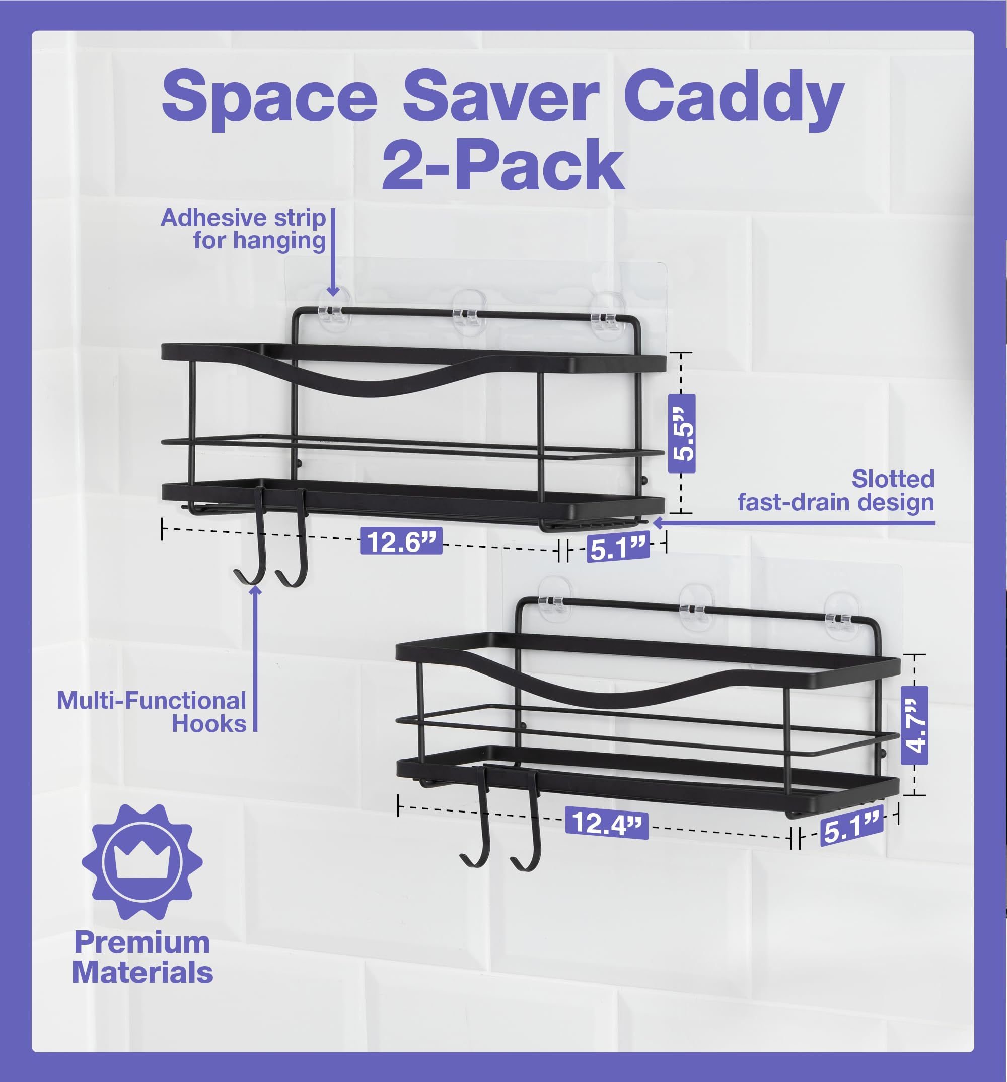 KinCMAX shower caddy with four movable hooks for versatile hanging.