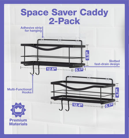 KinCMAX shower caddy with four movable hooks for versatile hanging.