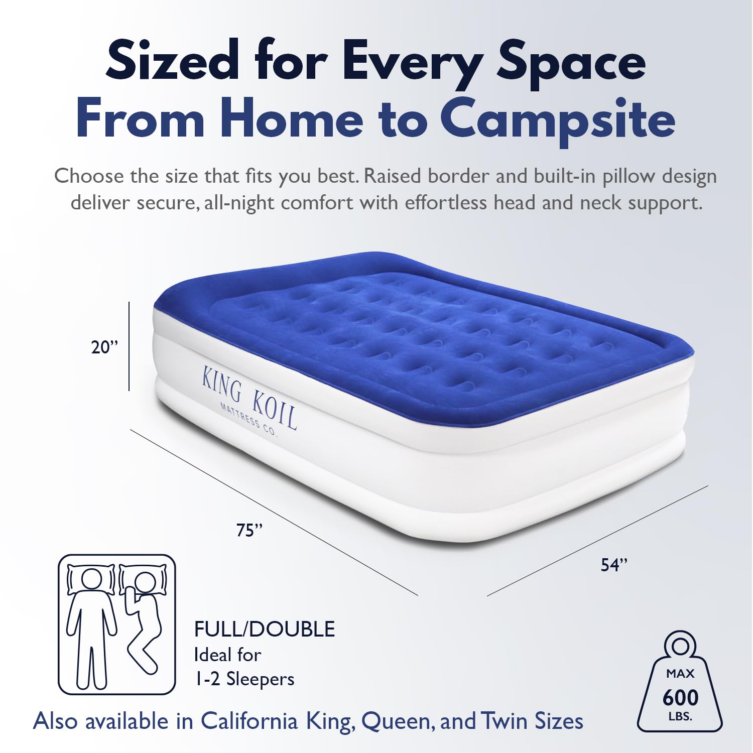King Koil built-in pillow top shown for enhanced head and neck support.
