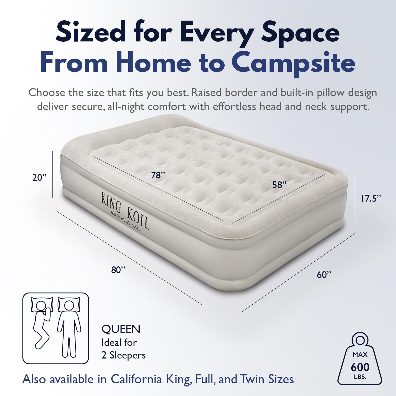 King Koil built-in pump inflates quickly for effortless setup.