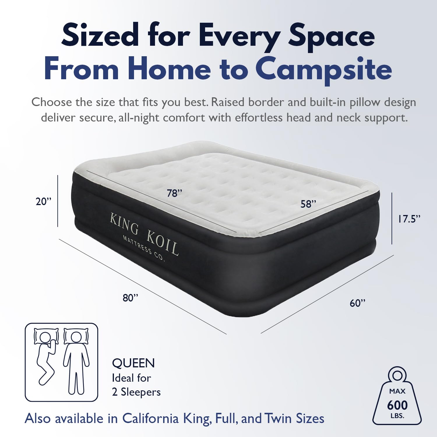 King Koil built-in pump enables quick inflation for guests and camping trips.