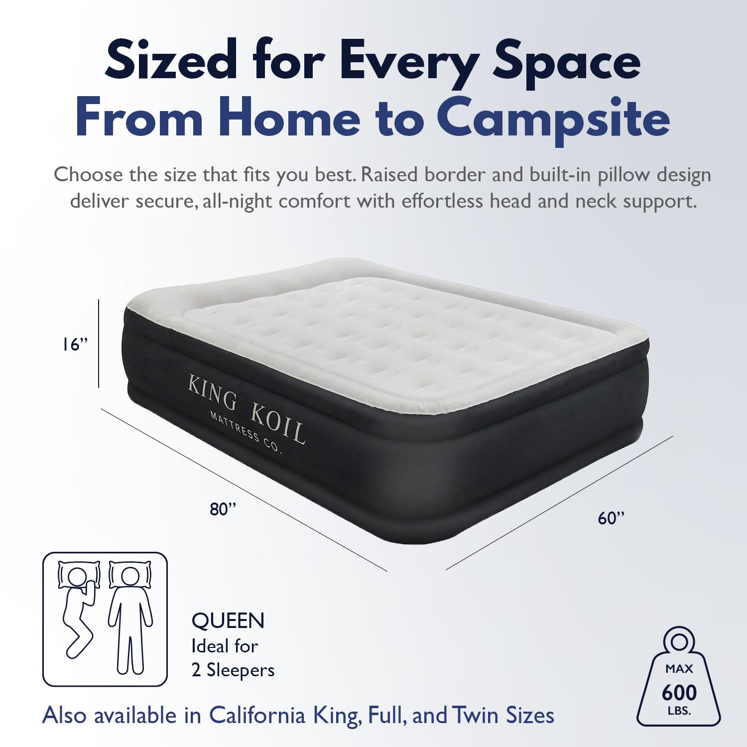 King Koil built in pump enables rapid inflation for quick setup.
