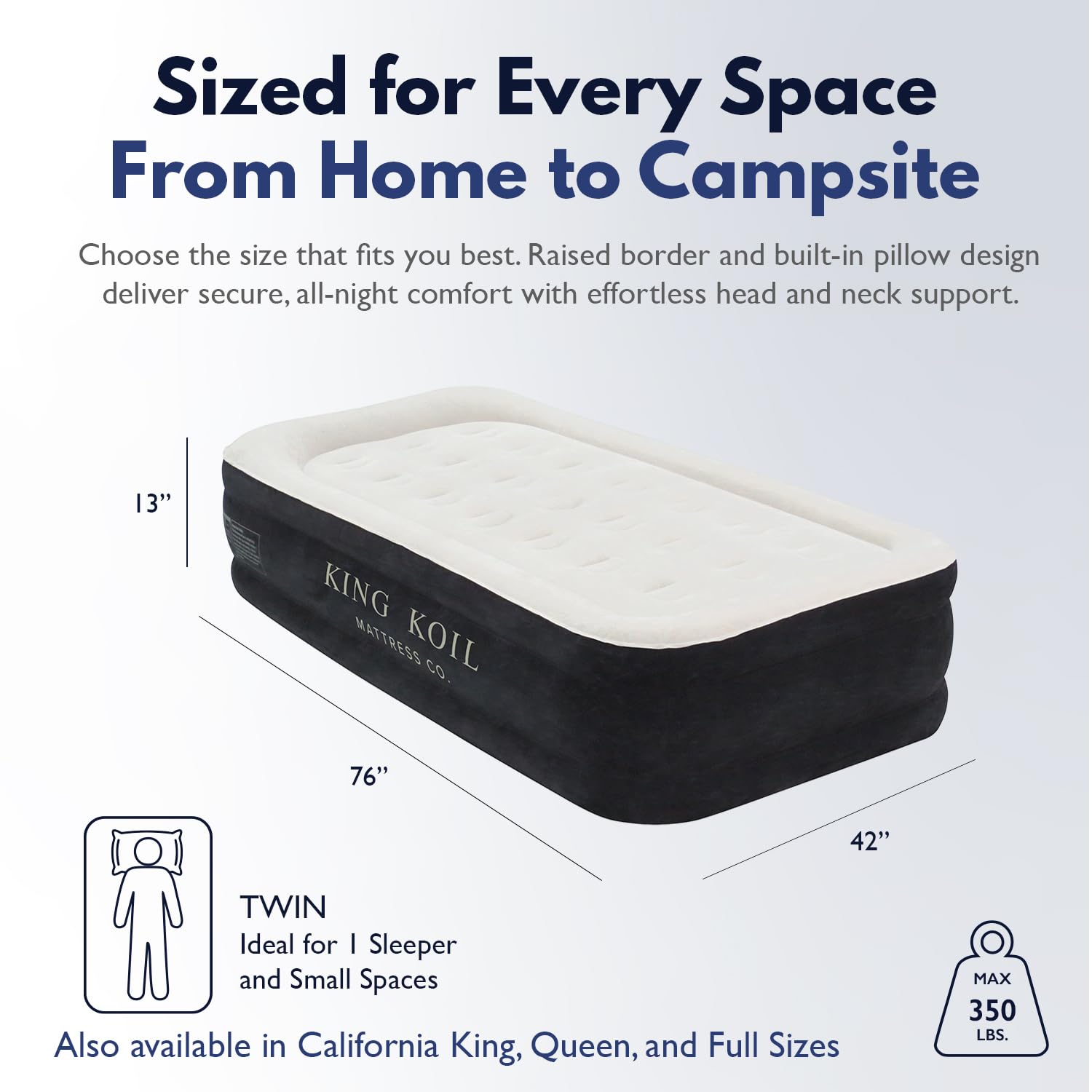 King Koil built-in-pump twin airbed with fast inflation for easy setup.