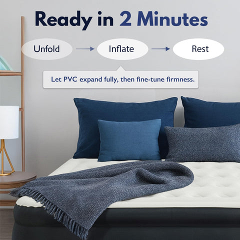 King Koil 90-second built-in pump inflating the queen mattress
