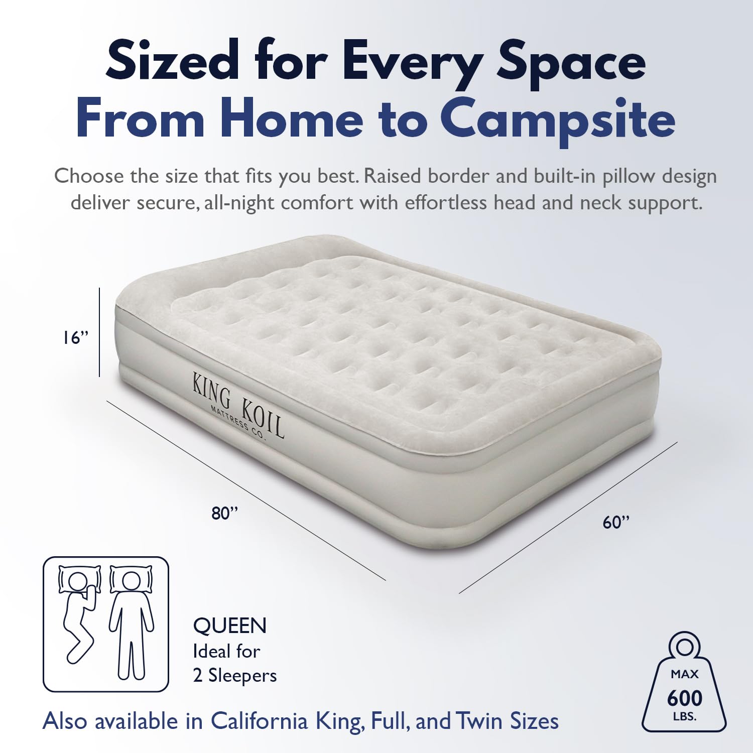 King Koil queen air mattress built-in pump for quick setup.