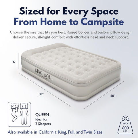 King Koil queen air mattress built-in pump for quick setup.