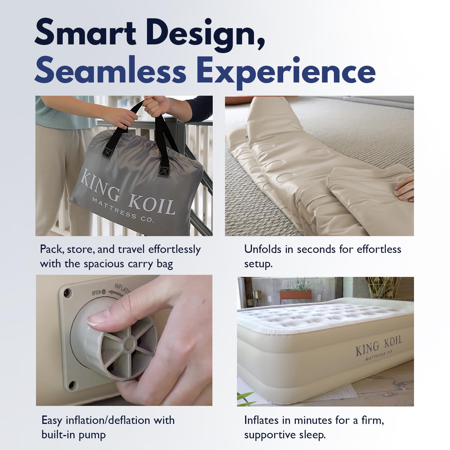 King Koil queen air mattress demonstrates fast inflation with a built-in pump.