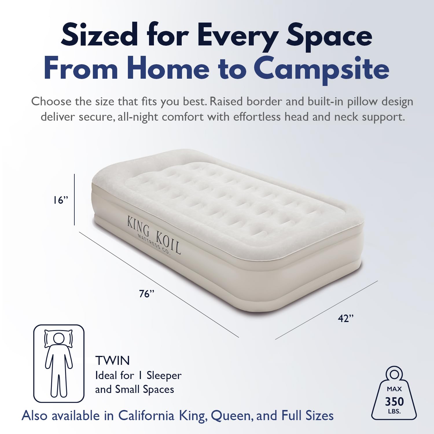 King Koil twin airbed showing coil-beam construction for stable sleep.
