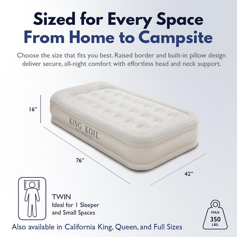 King Koil twin airbed showing coil-beam construction for stable sleep.