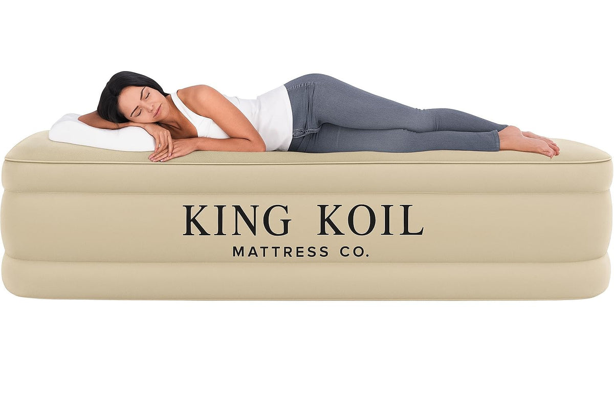 King Koil Plush Pillow Top twin airbed with built-in pump for quick setup