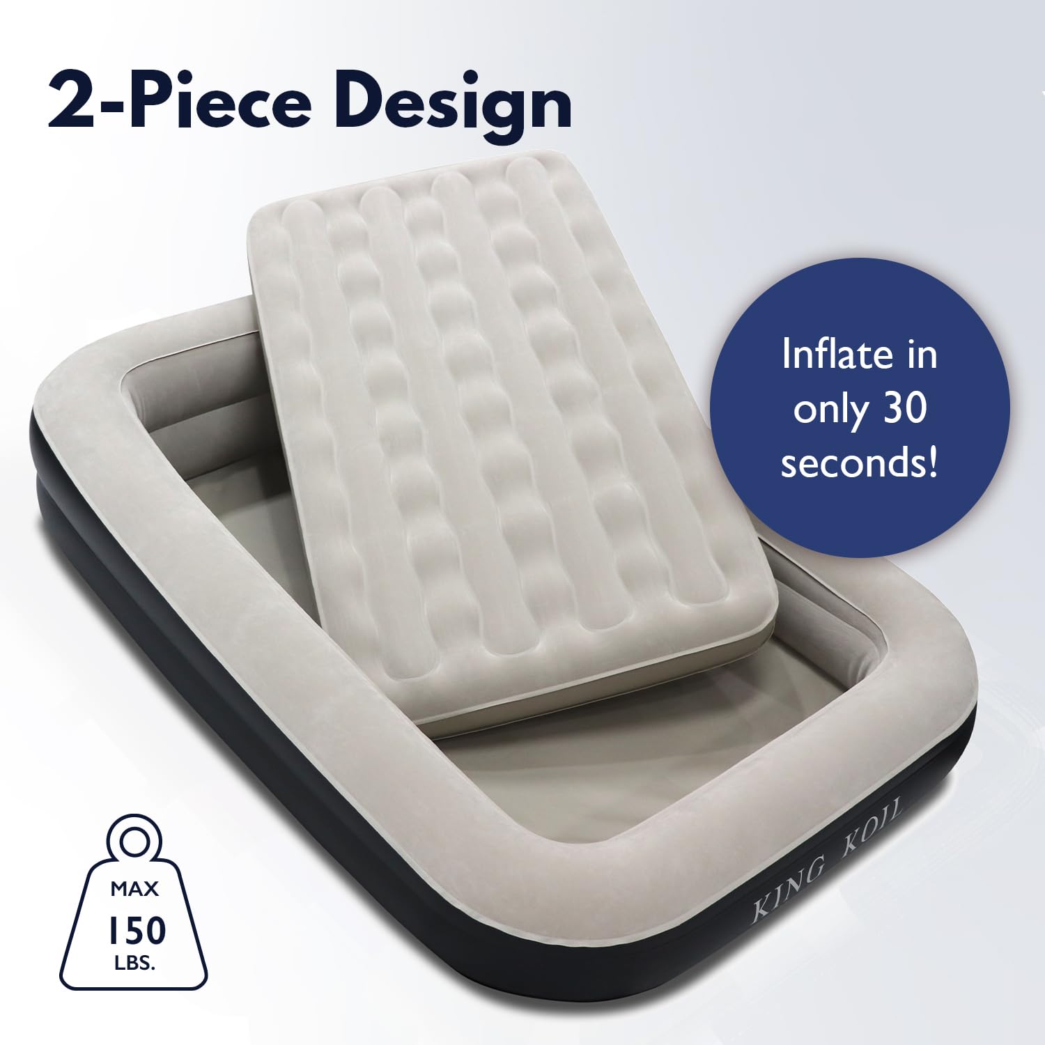 King Koil travel bed shows puncture-resistant PVC for durable outdoor and indoor use