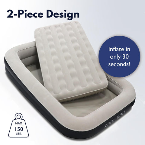 King Koil travel bed shows puncture-resistant PVC for durable outdoor and indoor use