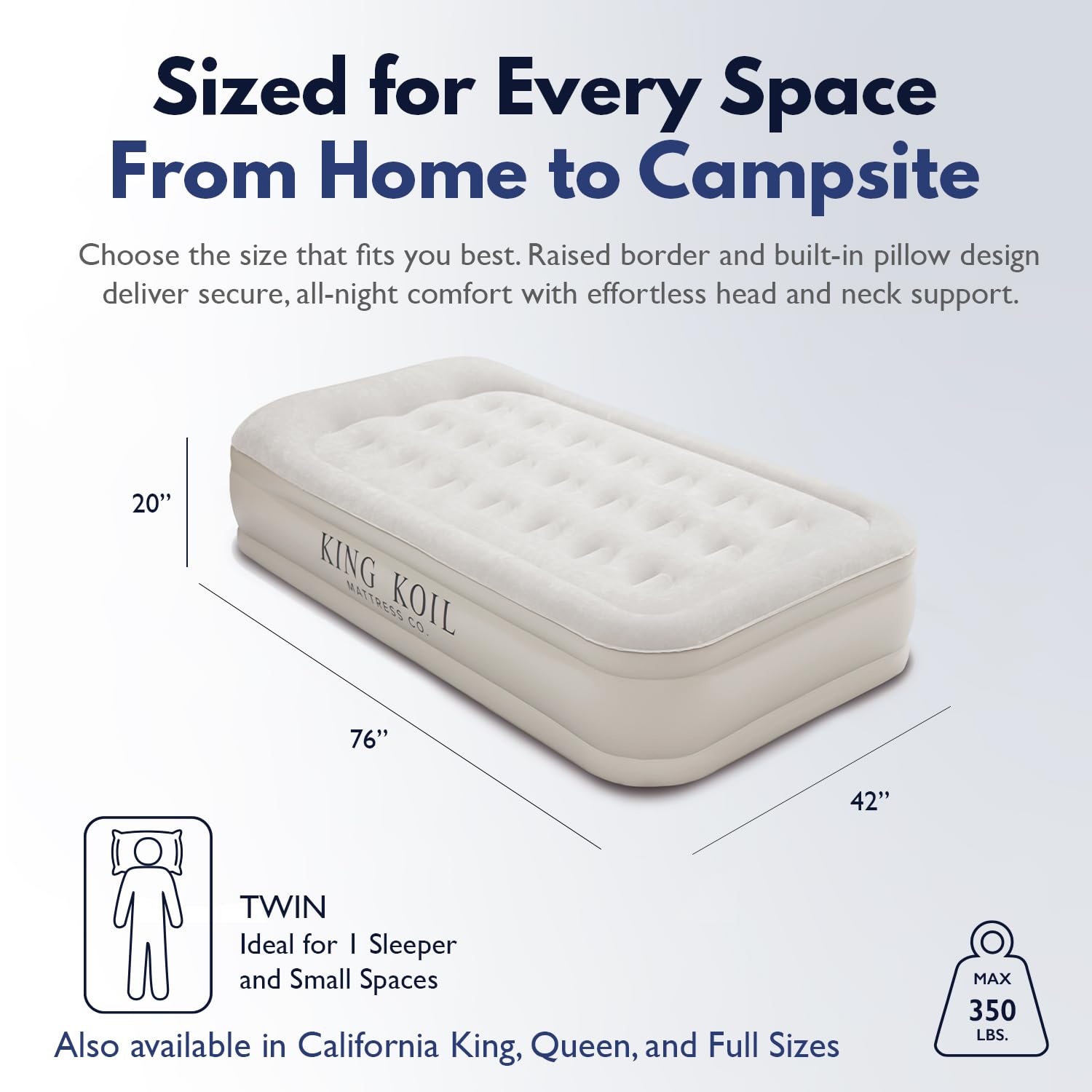 King Koil twin airbed with soft flocked top for plush comfort