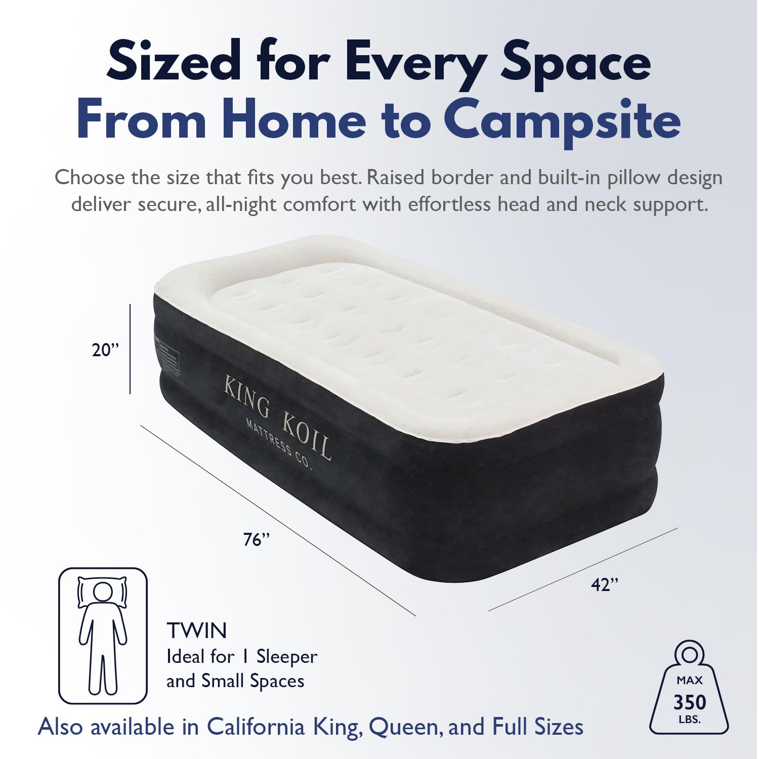 King Koil twin airbed features soft flocked top for cushioned comfort.