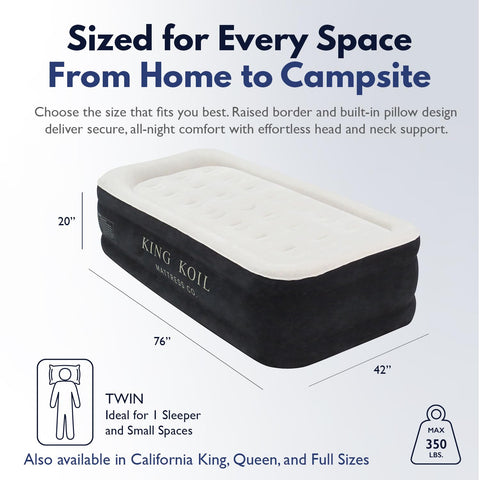 King Koil twin airbed features soft flocked top for cushioned comfort.
