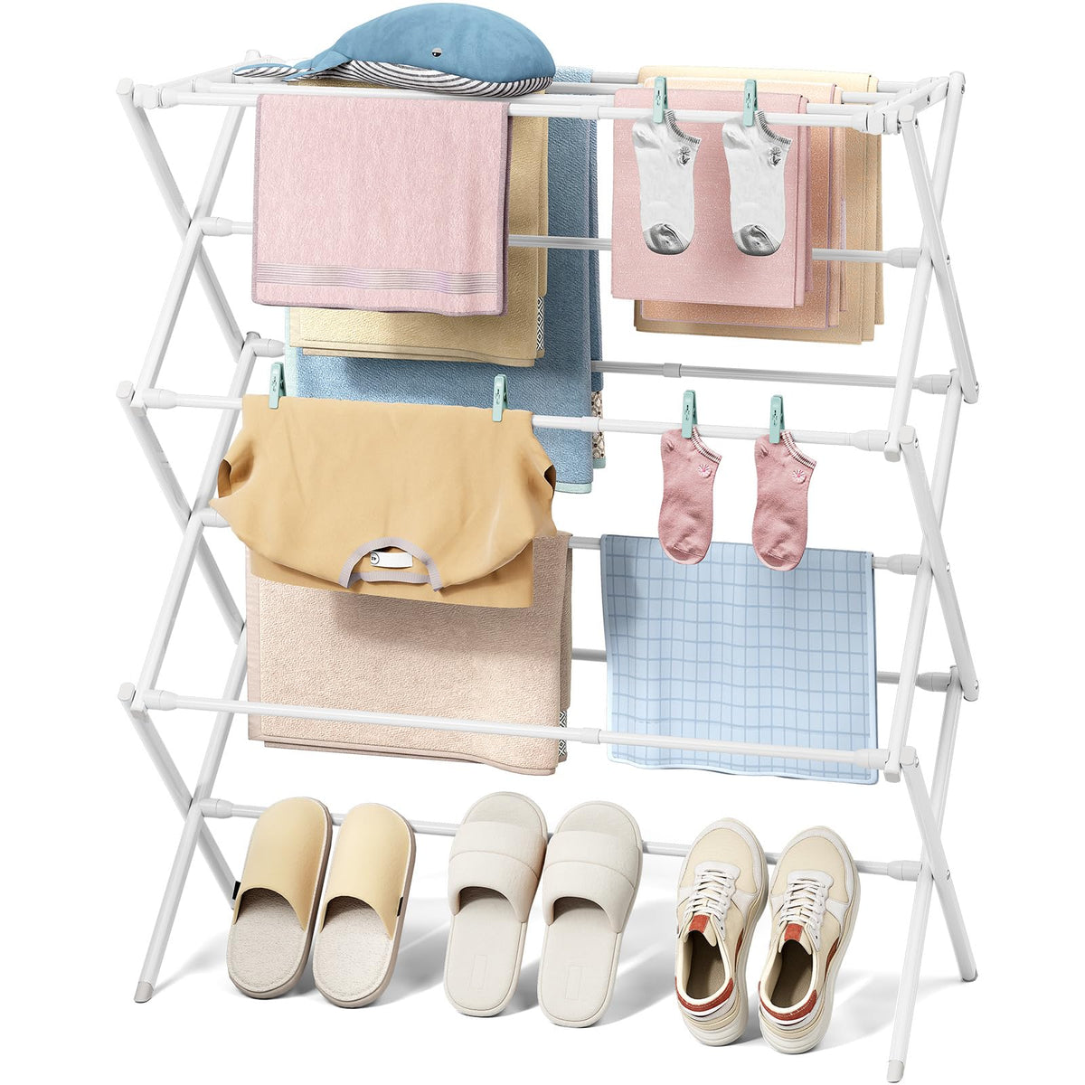 KINGBOARD drying rack extended with 11 poles for extra drying space.