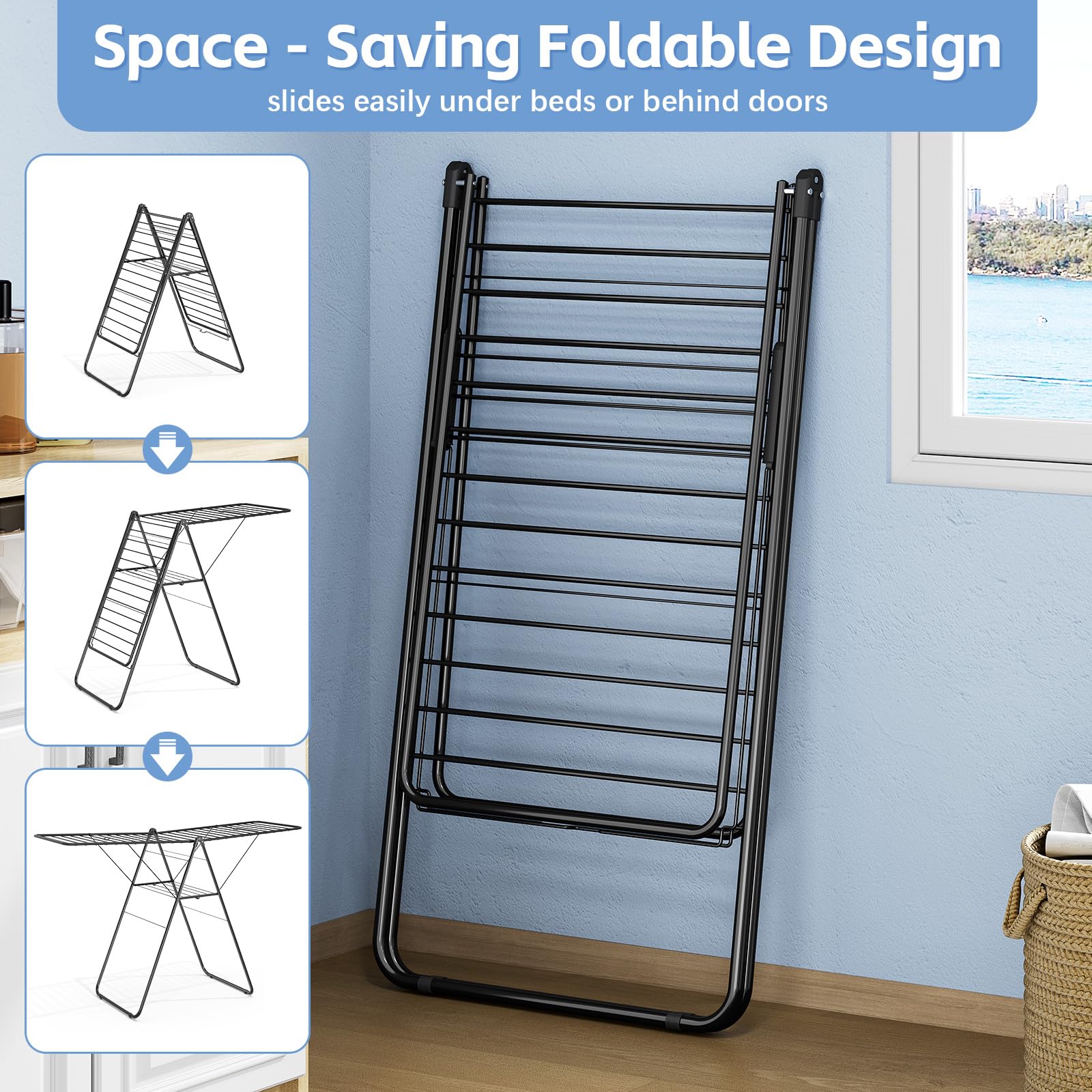 KINGBOARD folding drying rack folds compactly for easy corner storage.