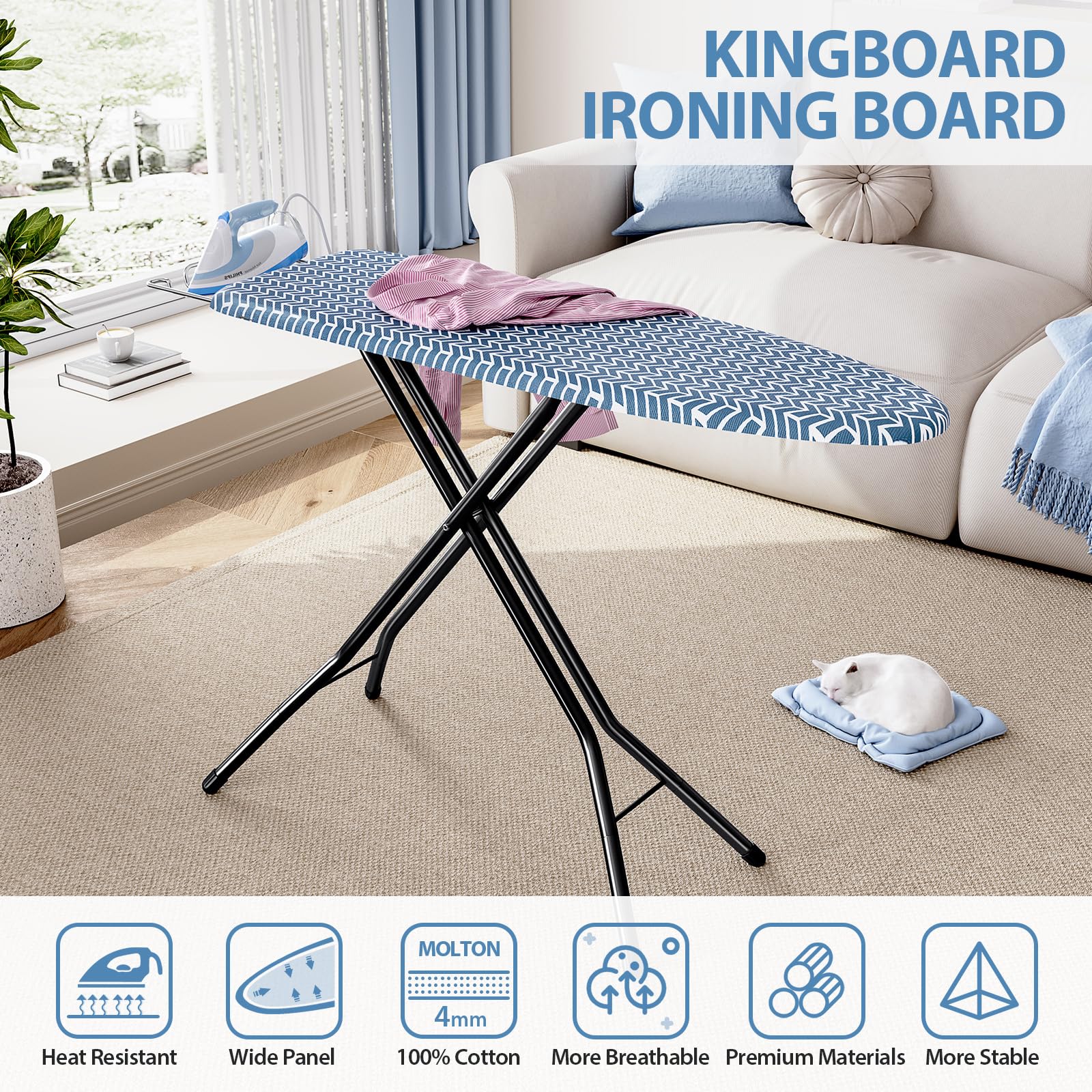KINGBOARD heavy-duty metal legs ensure stable ironing sessions.