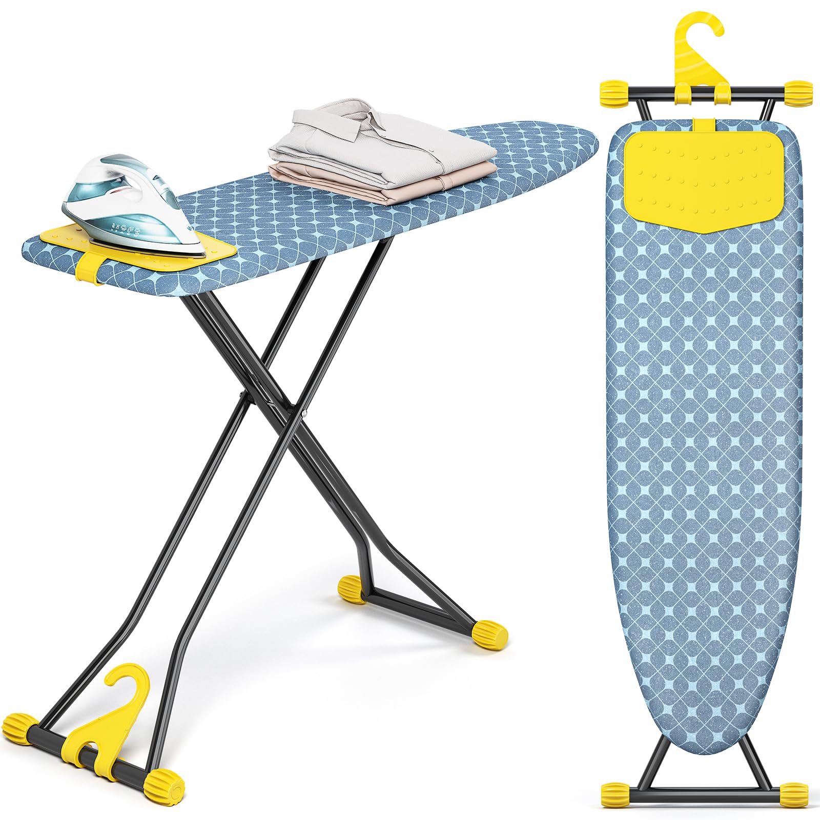 KINGBOARD ironing board full view shows 13x43 inch surface and yellow finish