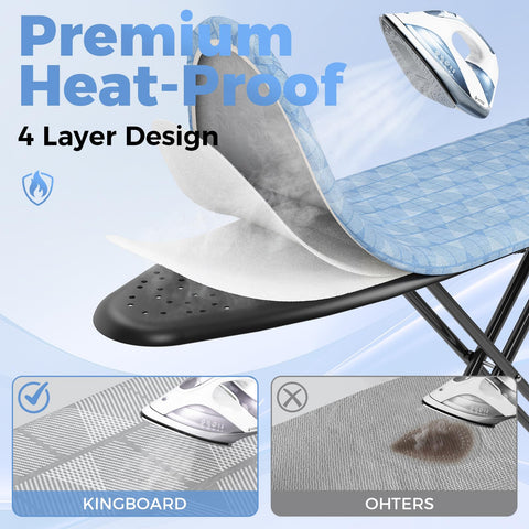KINGBOARD Ironing Board seven-height adjustment for standing or seated use.