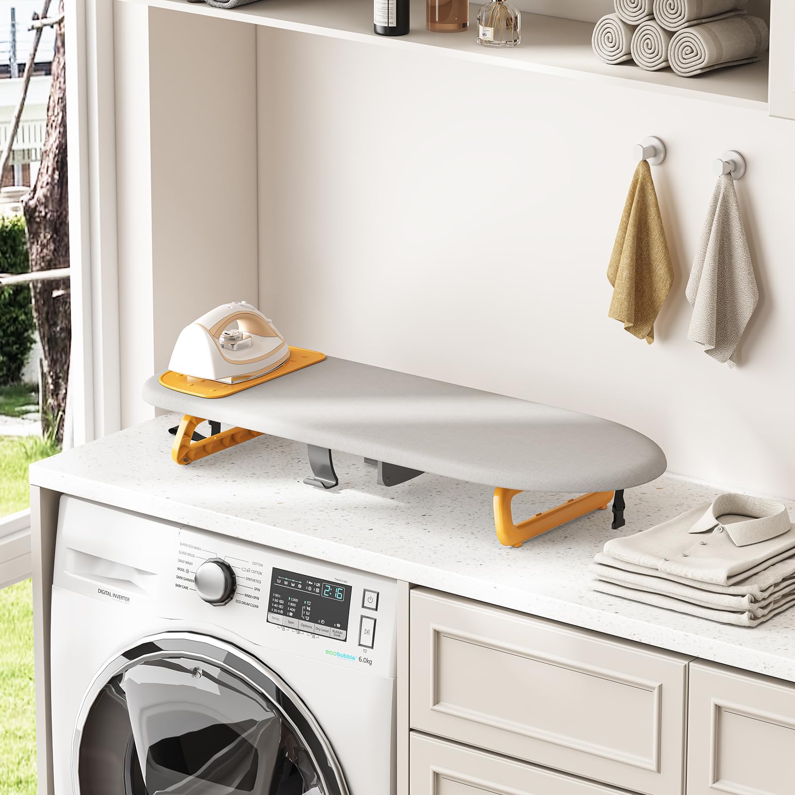 KINGBOARD small ironing board with heat-resistant cover protects fabrics.