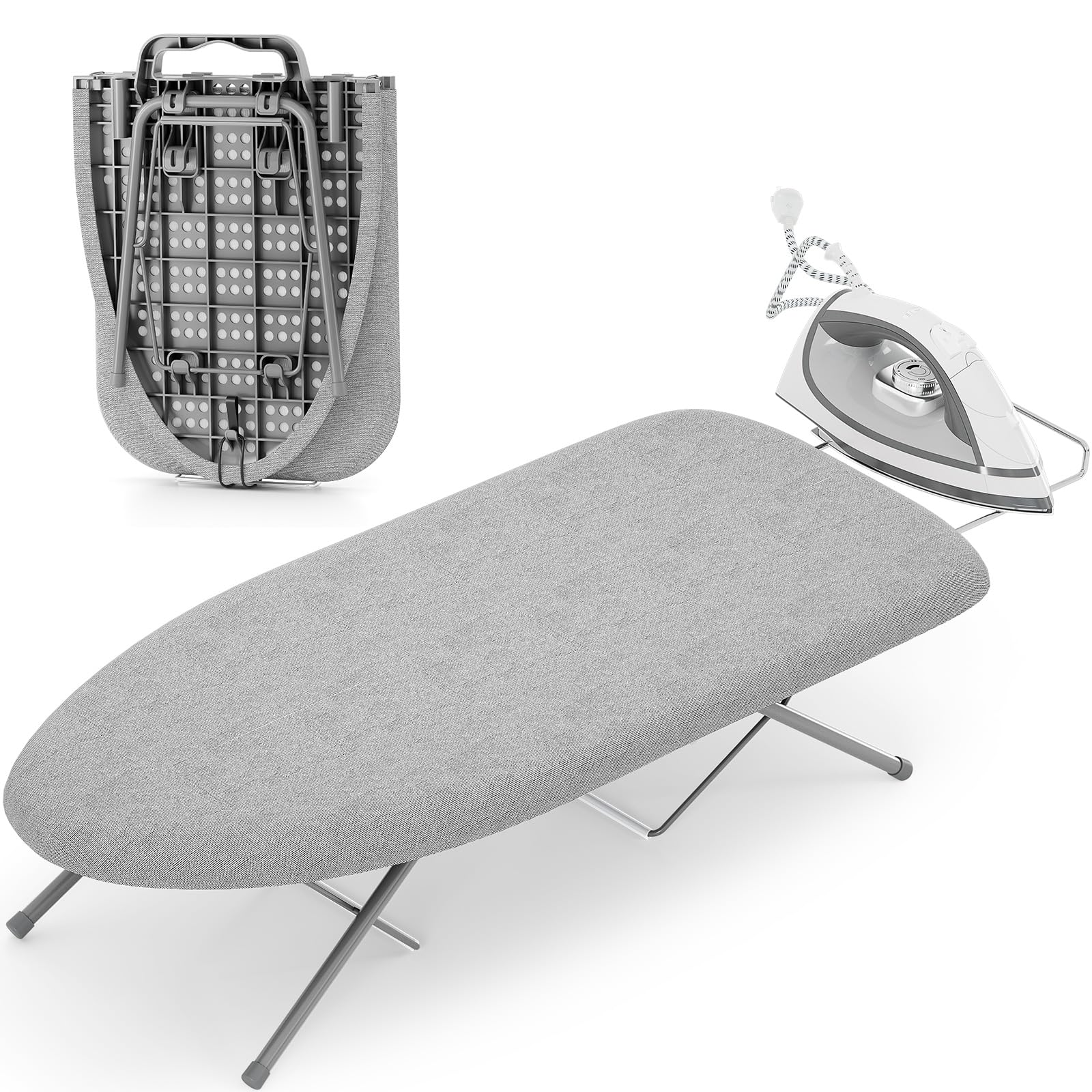 Kingboard table top ironing board assembled for compact ironing on a desk