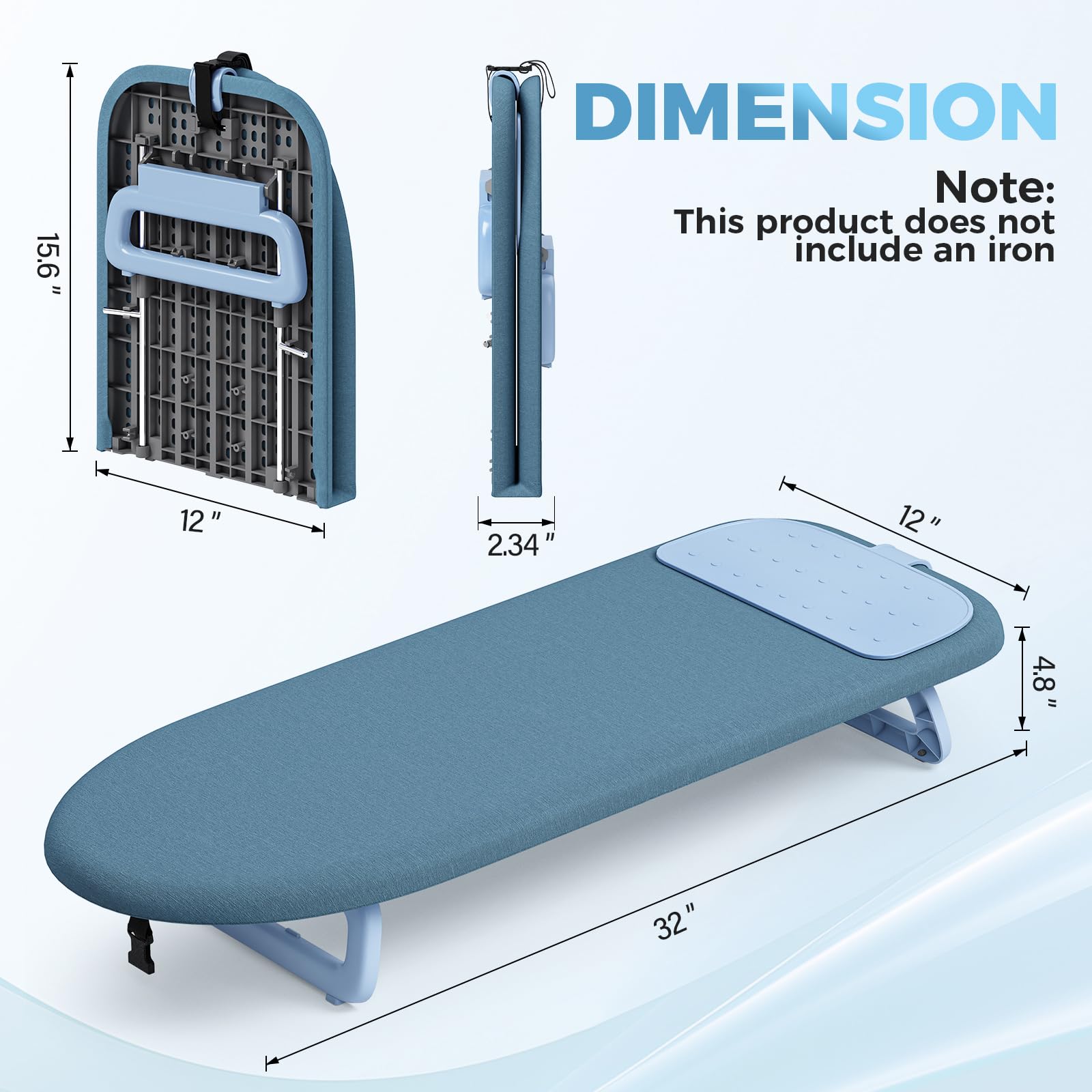 Kingboard blue ironing board folded for compact dorm storage.