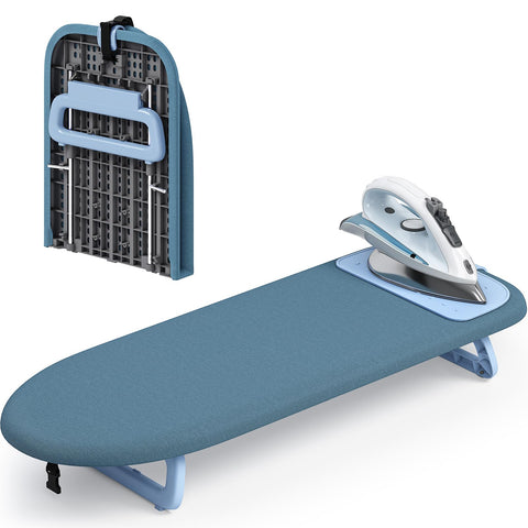 Kingboard table-top ironing board blue, open for quick, smooth ironing at home.