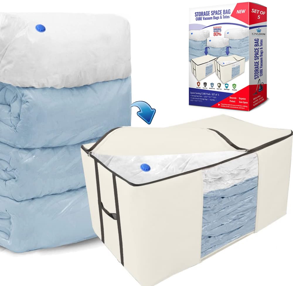 Kingdom Home cube vacuum bags demonstrate space-saving design for bulky items.