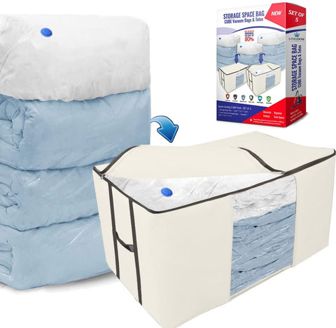 Kingdom Home cube vacuum bags demonstrate space-saving design for bulky items.