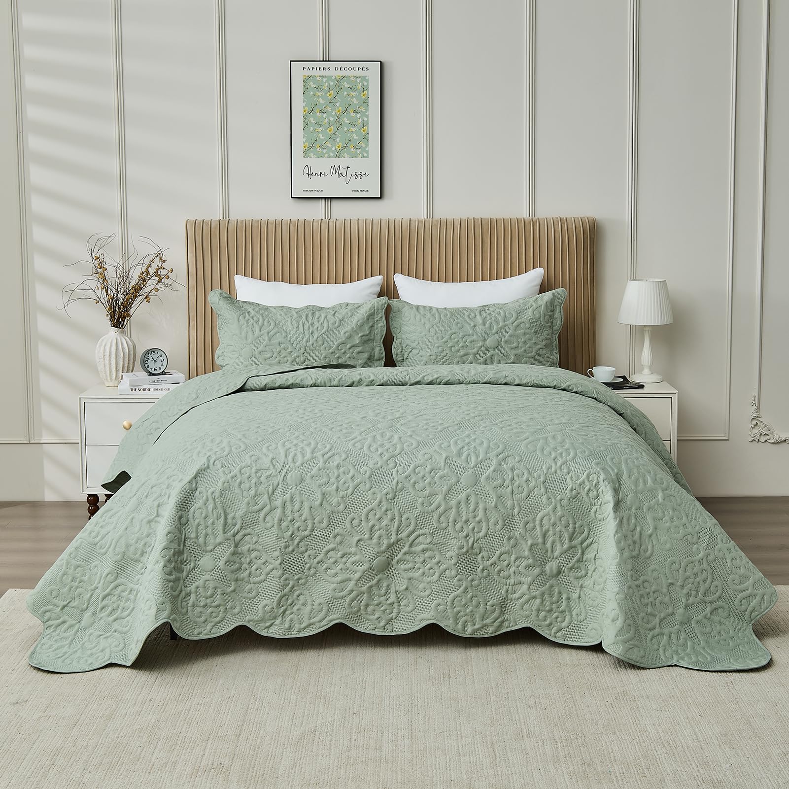 Kingnex bedspread set sage on bed demonstrates elegant, reversible styling for versatile looks.