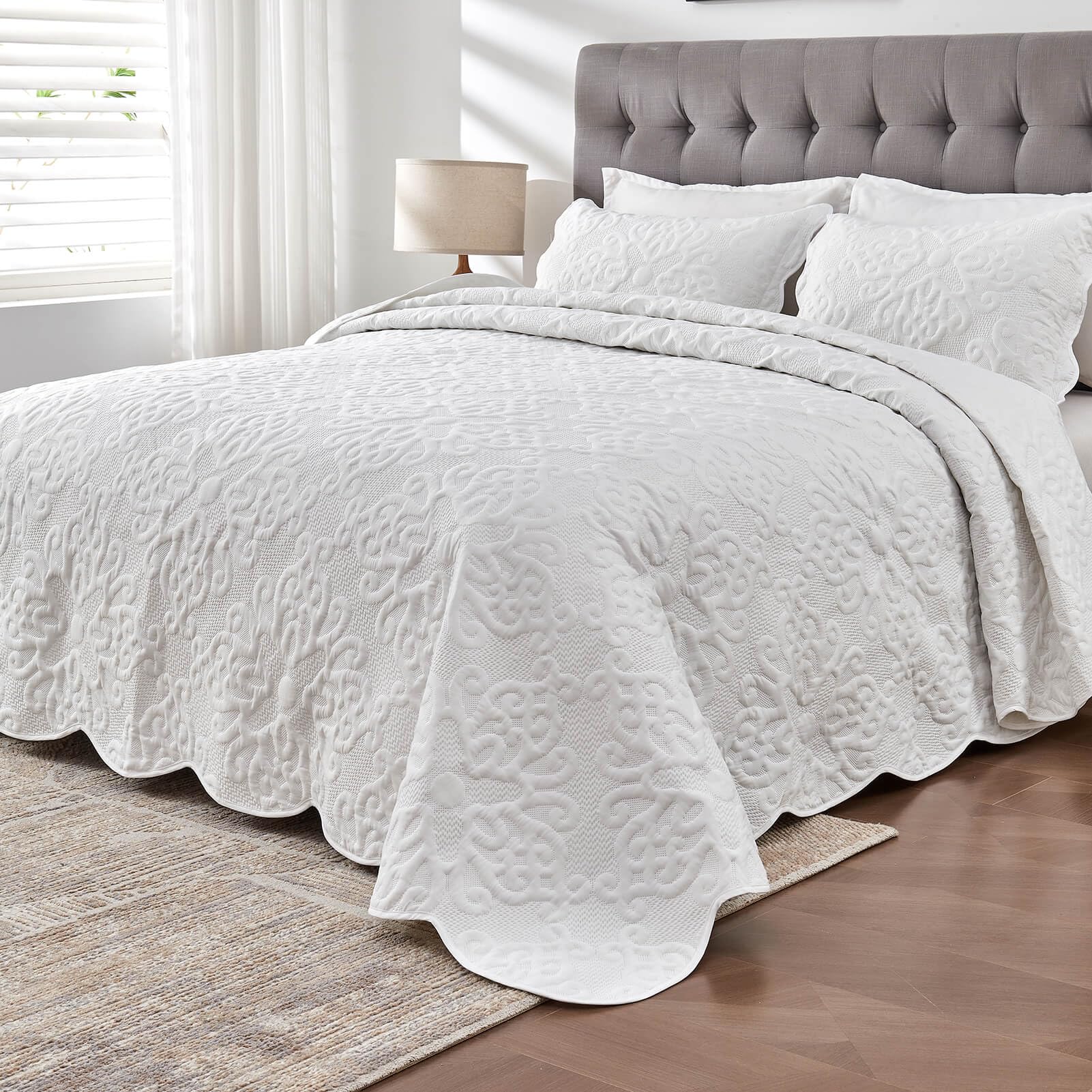 Kingnex oversized king bedspread 128x120 laid on bed for a clean, elegant look