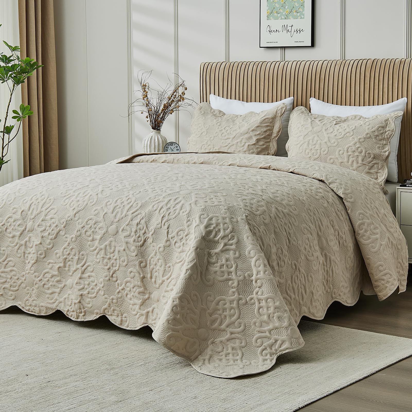 Kingnex oversized king bedspread on a tall bed shows generous coverage.