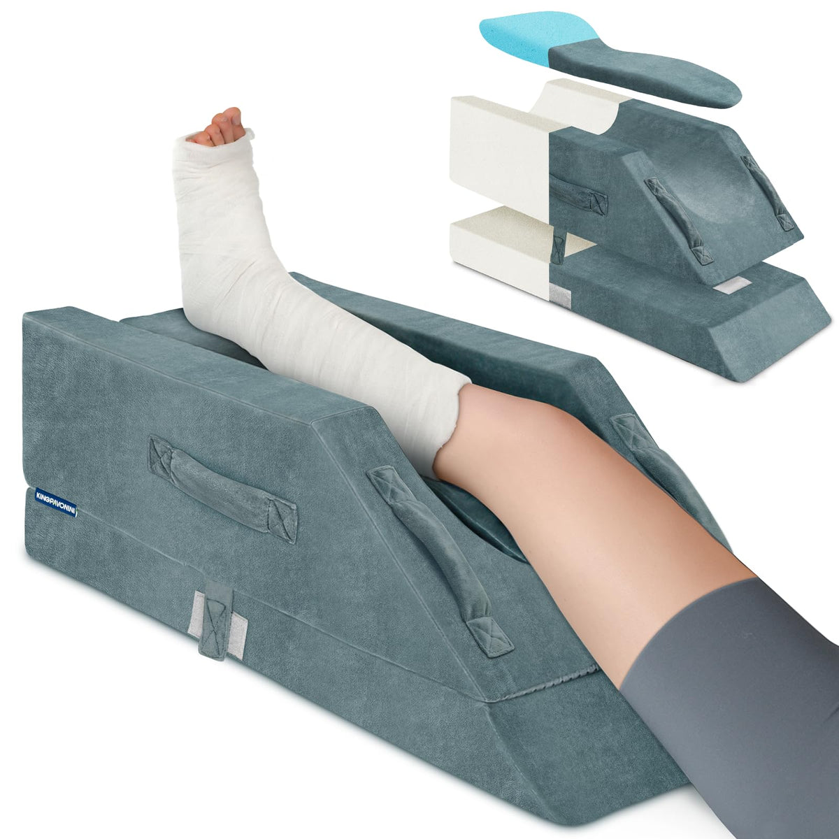 KingPavonini 4-height adjustable leg elevation pillow shows four height options for customized comfort.