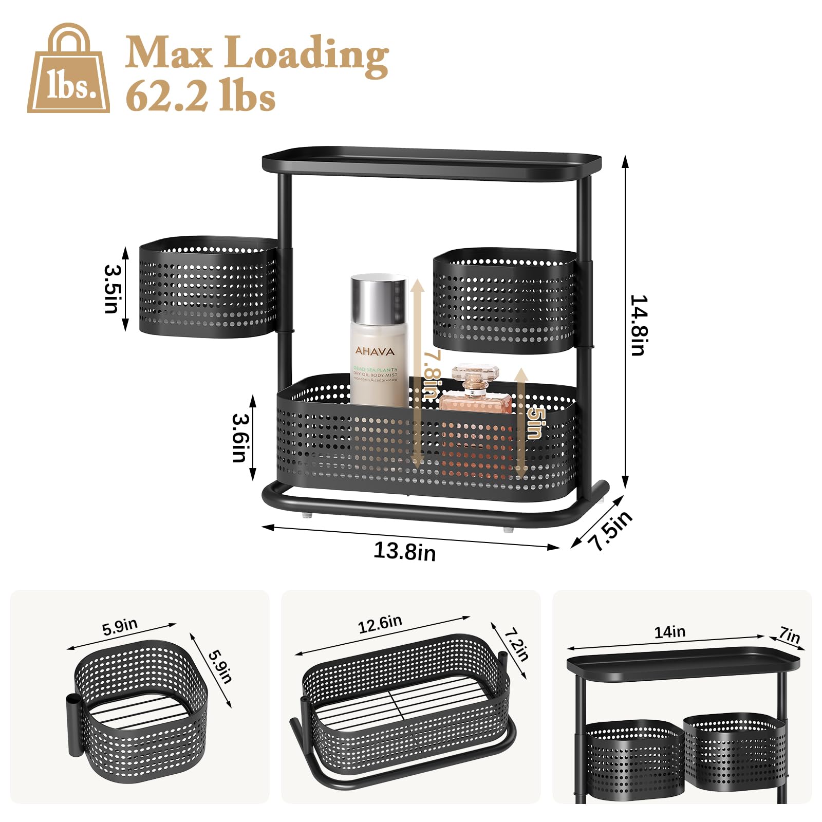 KINGRACK bottom tier holds taller items like lotions for a tidy counter.