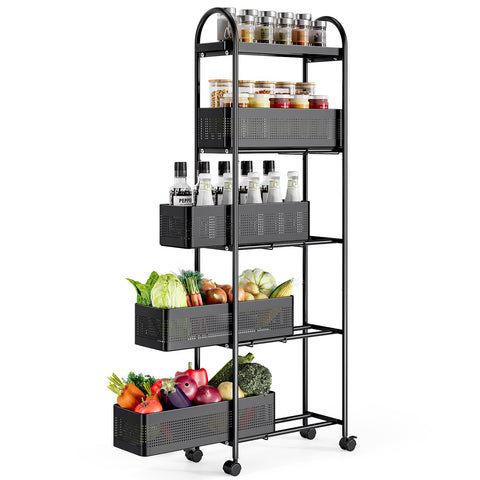 KINGRACK 5-tier slim cart with pull-out baskets for compact kitchen storage.