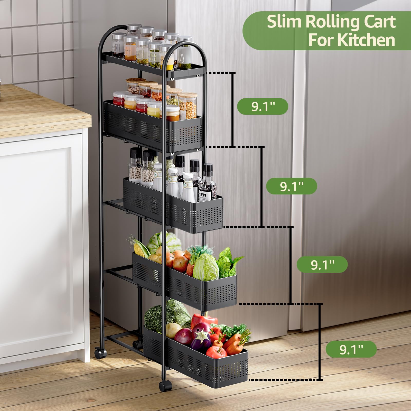 KINGRACK stores spices, fruits, cosmetics and bathroom essentials neatly.
