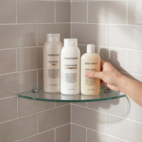 Kingrol clear floating corner shelves add minimalist display space in bathrooms.