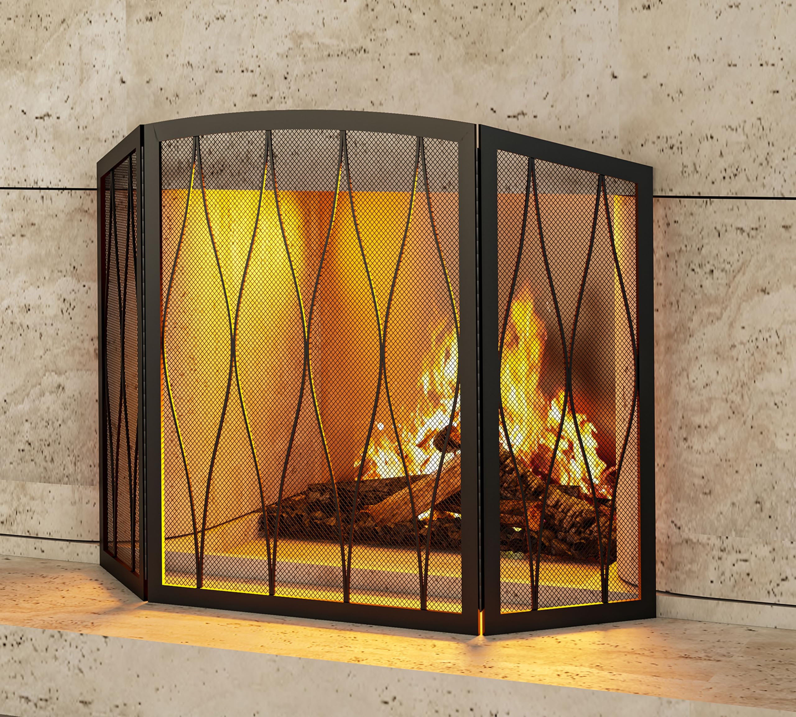 Kingson 3-panel fireplace screen, full view, wide protection from sparks