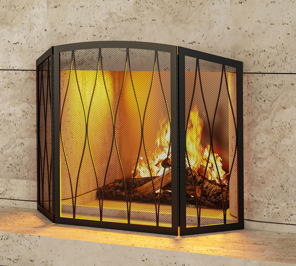 Kingson 3-panel fireplace screen, full view, wide protection from sparks