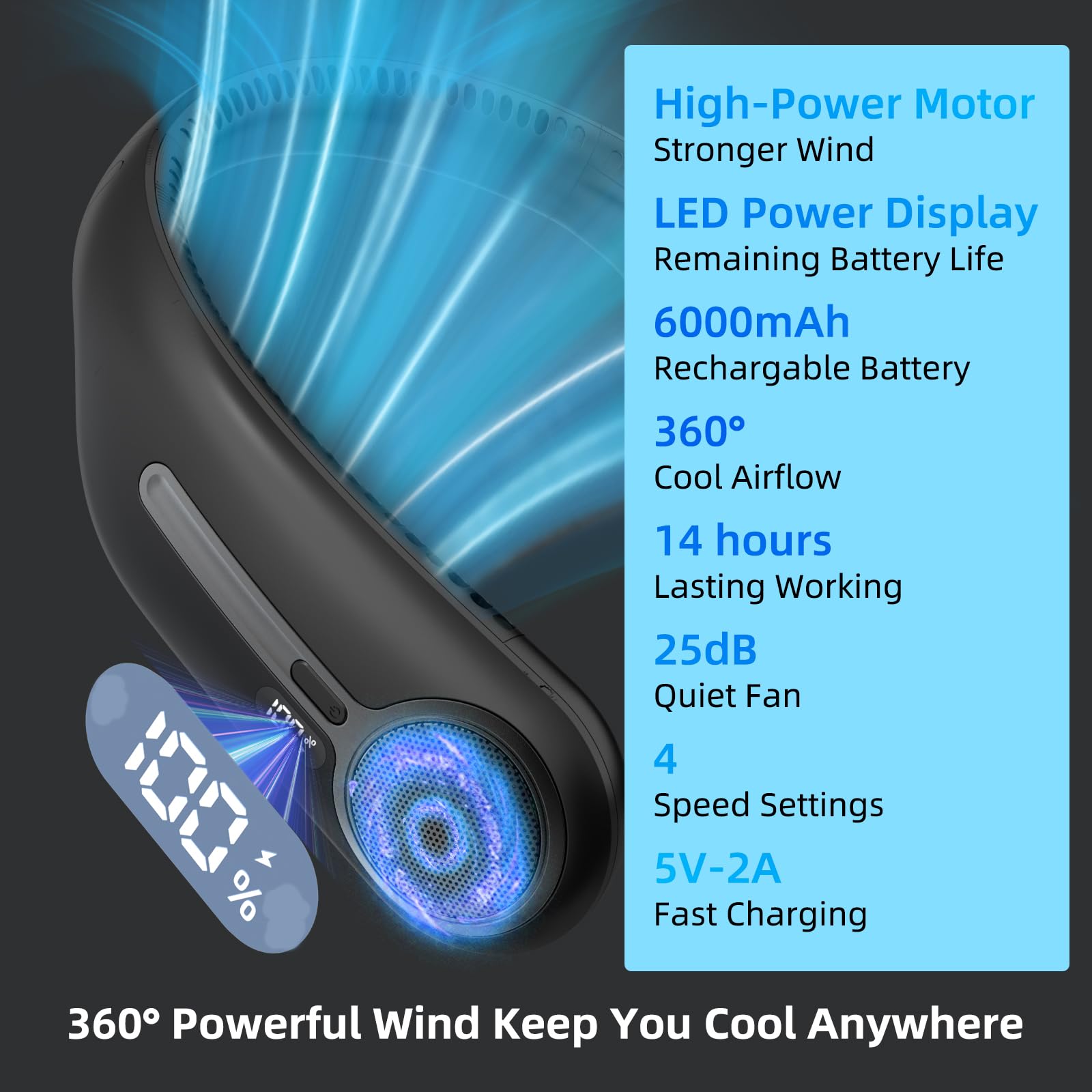 Kinhowly neck fan LED display indicates battery status for easy monitoring.