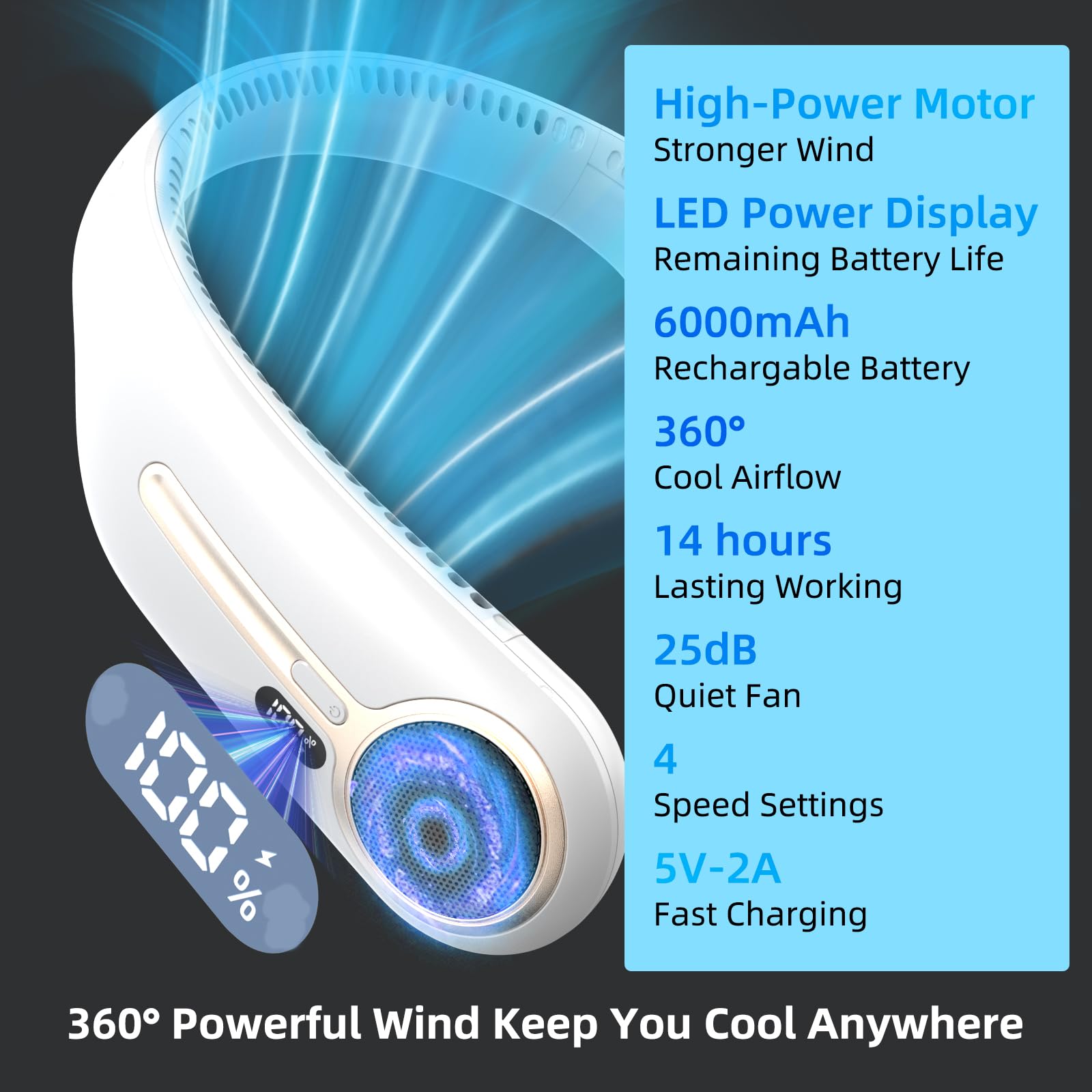 Kinhowly neck fan with LED display shows battery status clearly.